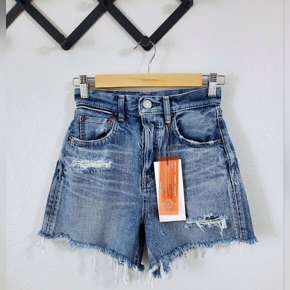Moussy Vintage MV Pelion High Rise Distressed Cut-Off Shorts In Blue Size 24 NWT - Picture 10 of 13